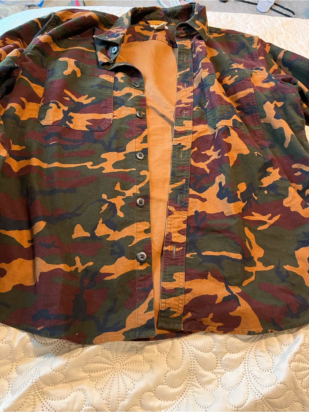 L.L. Bean Men's Camo Button-Down Shirt Jacket in Orange, Brown, Green